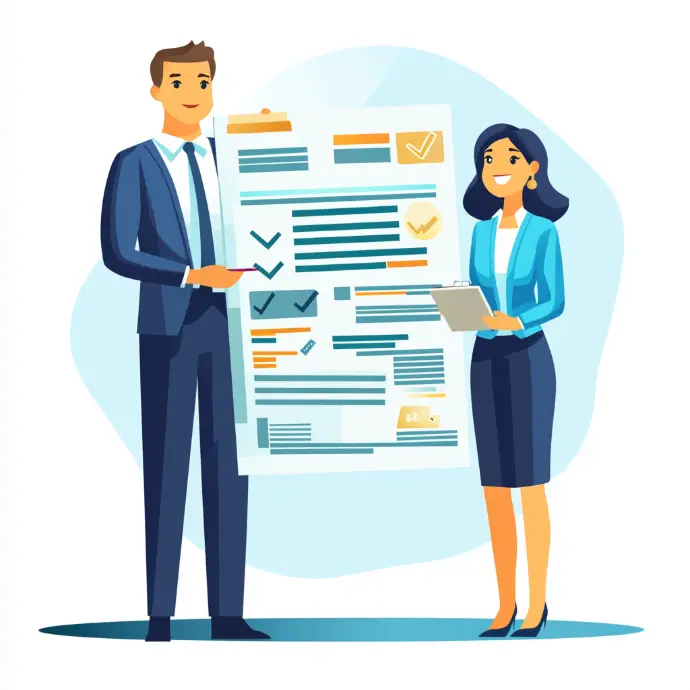 illustration d'un expert-comptable et d’une entrepreneure analysant un rapport financier Illustration d' un expert-comptable et d’une entrepreneure analysant un rapport financier