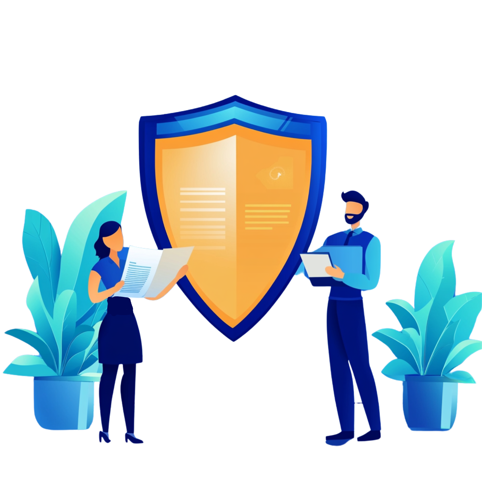 Illustration d’une femme et d’un homme examinant des documents devant un bouclier symbolisant la protection des données Illustration d’une femme et d’un homme examinant des documents devant un bouclier symbolisant la protection des données
