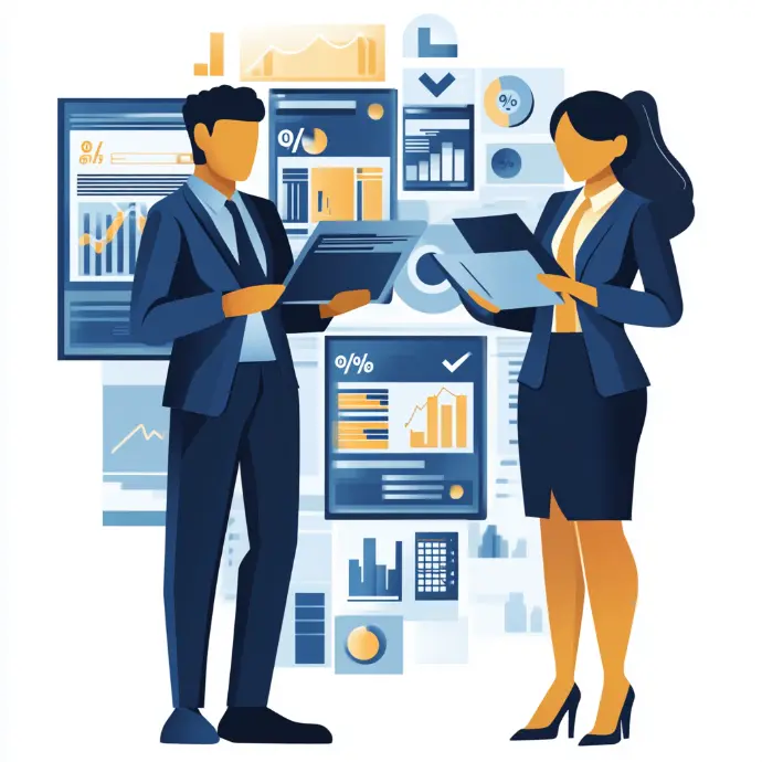 Illustration de professionnels analysant un rapport comptable